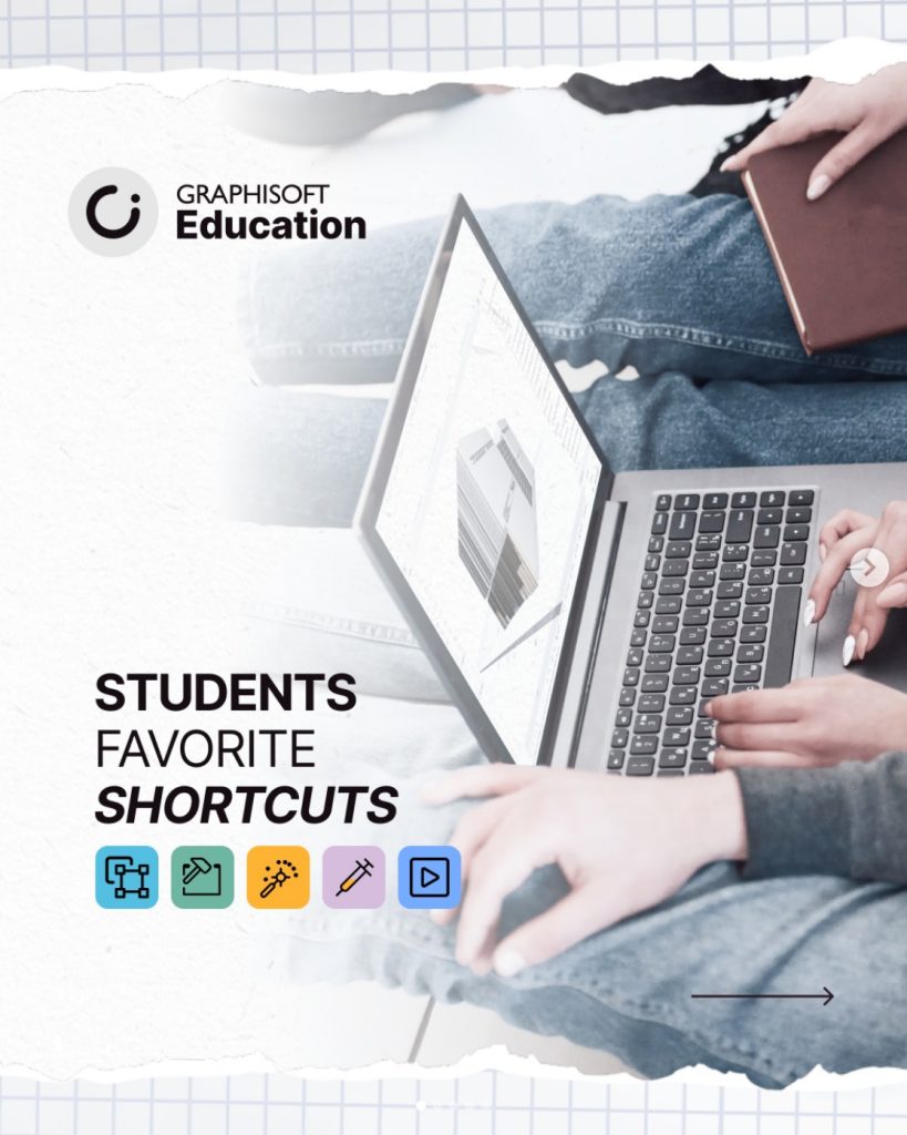 Zwei Personen sitzen im Schneidersitz; eine von ihnen benutzt einen Laptop mit der 3D-Modellierungssoftware Archicad. Der Text lautet "Graphisoft Education. Students Favorite Shortcuts", darunter sechs farbige Menüs und Befehle als Shortcut-Symbole.