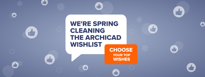 Eine Grafik mit dem Text „Wir machen Frühjahrsputz auf der Archicad-Wunschliste“ und lädt Sie ein, „Ihre wichtigsten Wünsche auszuwählen“, umgeben von ähnlichen Symbolen auf blauem Hintergrund.