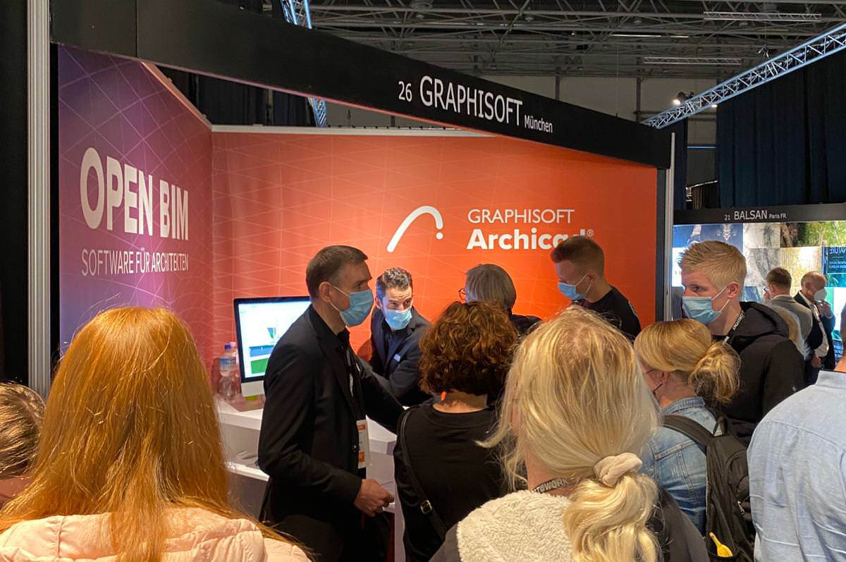 Foto des Graphisoft Messestandes auf der Architect at Work Messe 2021