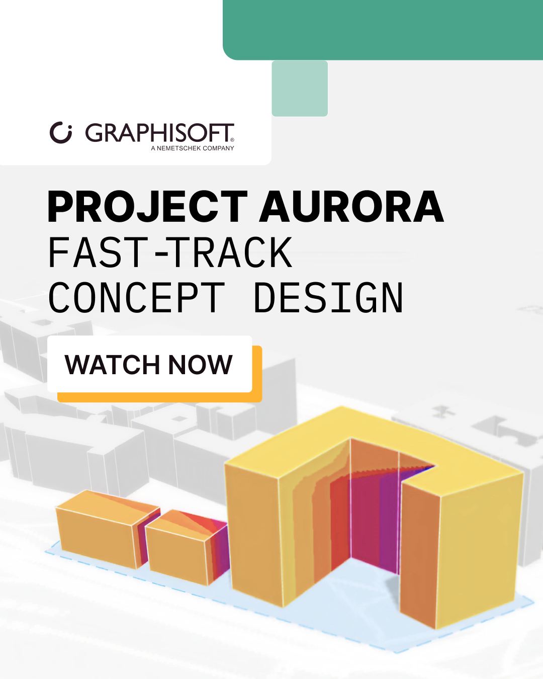 Werbegrafik für das Projekt Aurora concept design von Graphisoft mit bunten architektonischen 3D-Formen und einer Schaltfläche "WATCH NOW".