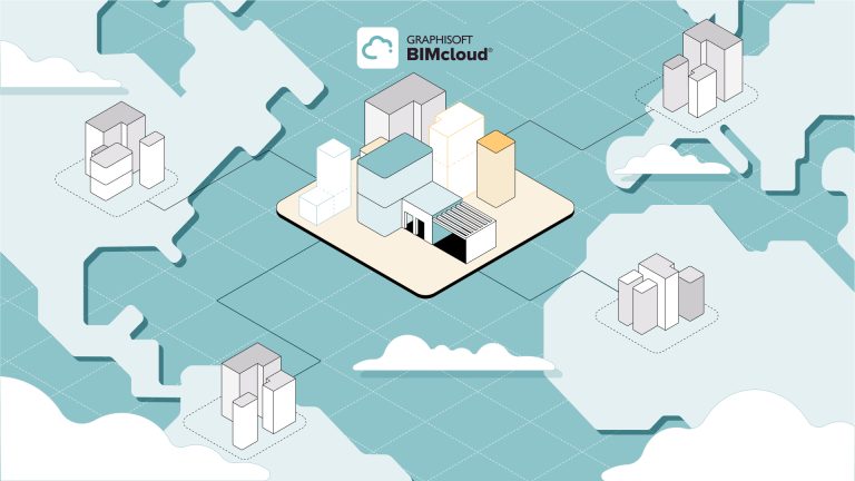 Illustration eines zentralen Gebäudekomplexes, der mit anderen über ein Raster verbunden ist, stellvertretend für BIMcloud SaaS von Graphisoft, cloudbasierte Zusammenarbeit und die in der Februar-Version 2026 erwarteten Innovationen.