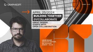 Werbegrafik für die Graphisoft-Veranstaltung „Building Together“ mit einem Mann mit Brille und Veranstaltungsdetails für den 25. April 2024, wobei die Zusammenarbeit mit Archicad im Design hervorgehoben wird.