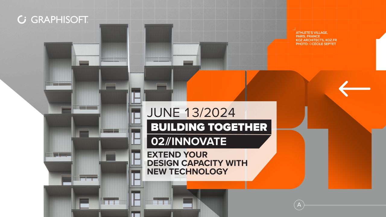 Werbegrafik für eine Graphisoft-Veranstaltung mit dem Titel „Gemeinsam bauen: Innovate 2024“ am 13. Juni. Bei dieser Veranstaltung geht es darum, die Designkapazitäten mithilfe modernster Technologie zu erweitern. Enthält Architekturbilder und Veranstaltungsdetails.