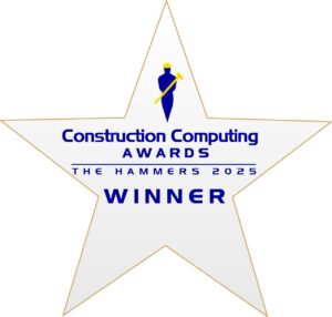 Ein goldfarbener Stern mit Text: "Construction Computing Awards The Hammers 2025 Winner" und einer blauen Silhouette, die oben einen gelben Hammer hält, der für die prestigeträchtigen Construction Computing Awards steht.