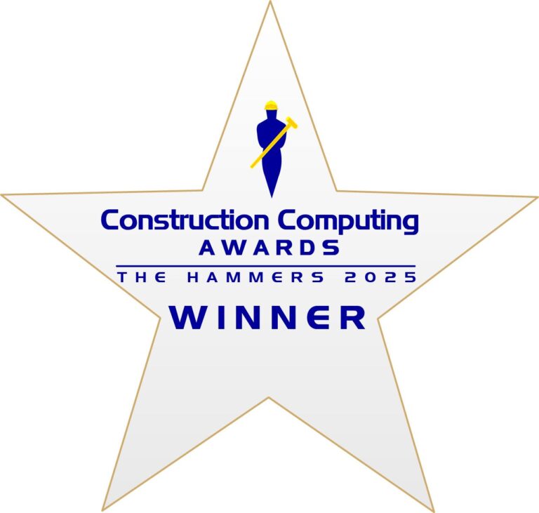 Ein goldfarbener Stern mit Text: "Construction Computing Awards The Hammers 2025 Winner" und einer blauen Silhouette, die oben einen gelben Hammer hält, der für die prestigeträchtigen Construction Computing Awards steht.