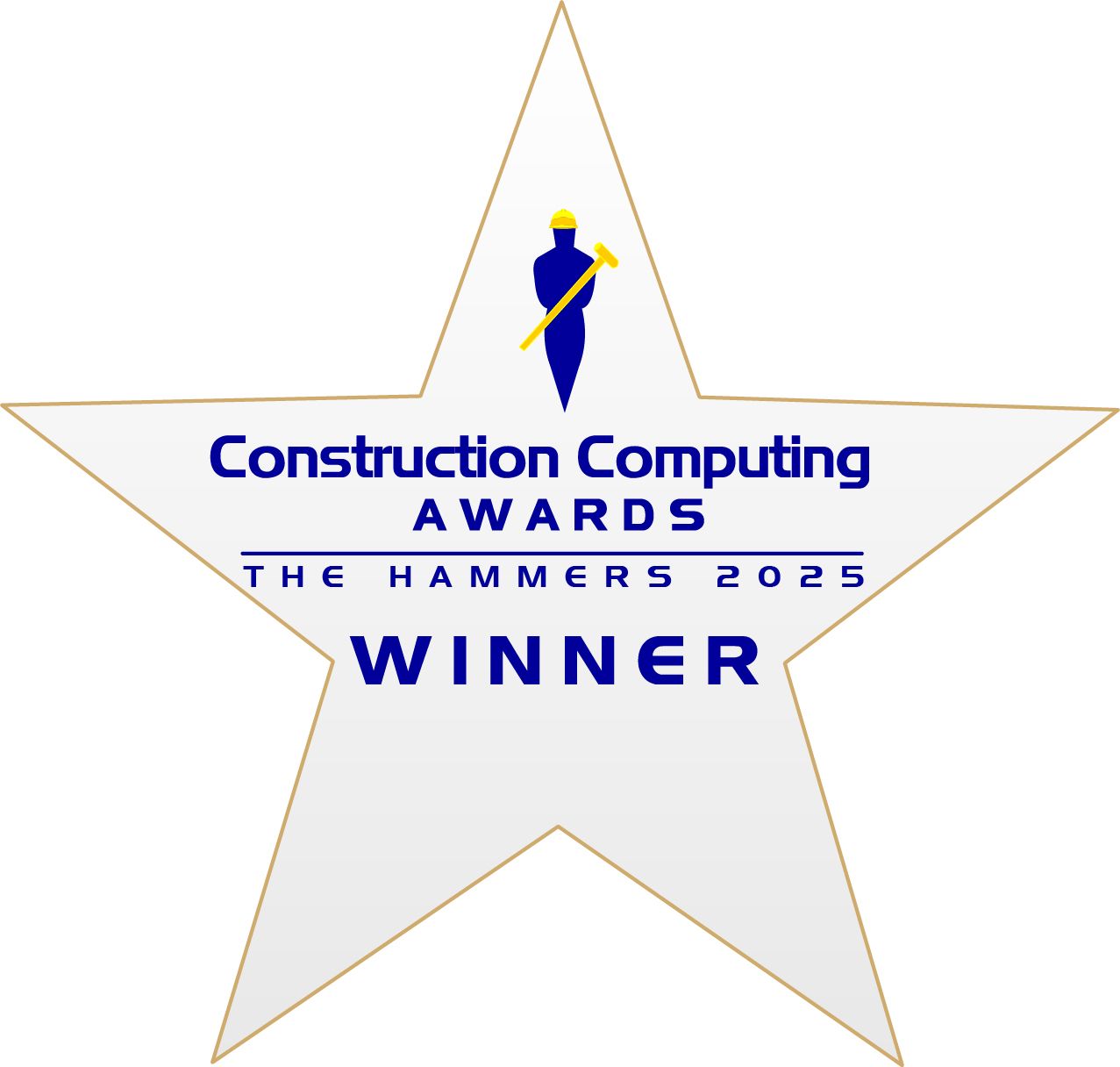 Ein goldfarbener Stern mit Text: "Construction Computing Awards The Hammers 2025 Winner" und einer blauen Silhouette, die oben einen gelben Hammer hält, der für die prestigeträchtigen Construction Computing Awards steht.
