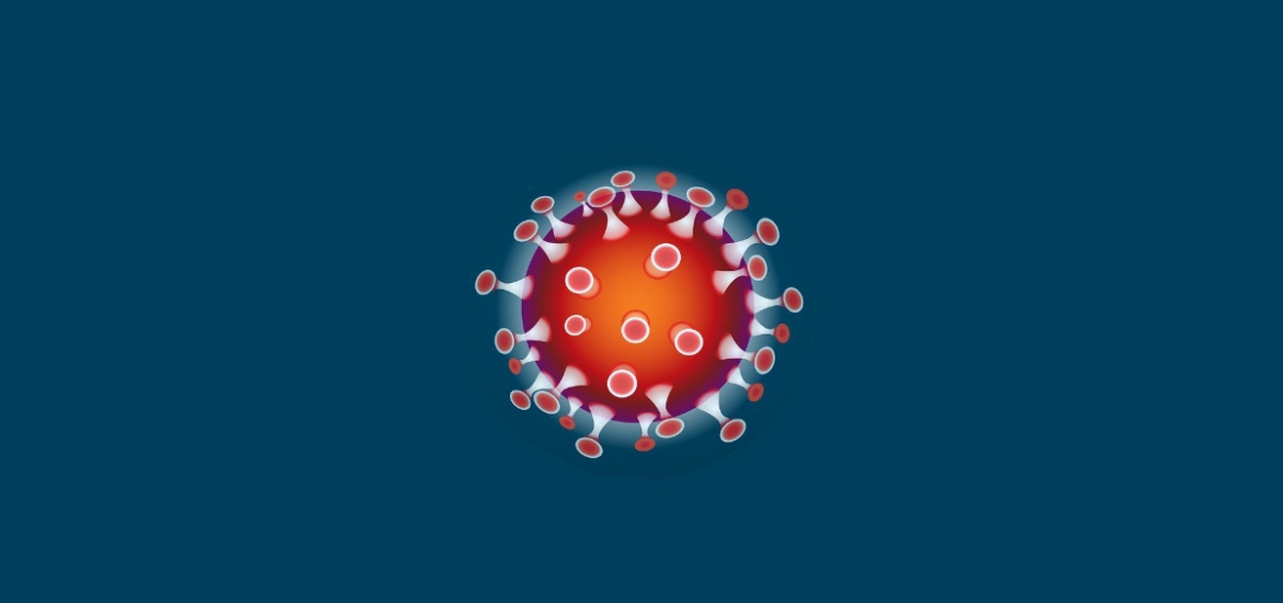 Ein Coronavirus auf blauem Hintergrund mit Graphisoft und Archicad als Partner während COVID-19.