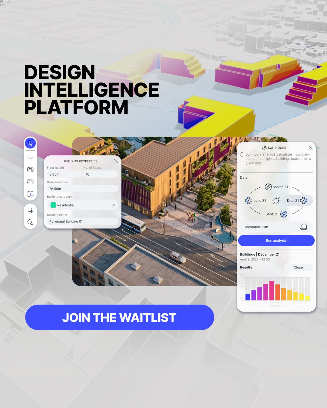 Eine digitale Schnittstelle zeigt ein 3D-Stadtmodell mit überlagerten Gebäudedaten, Analysewerkzeugen und einer Schaltfläche „Auf die Warteliste setzen“ für die „Die Design Intelligence Platform“, die von Graphisoft bereitgestellt wird.