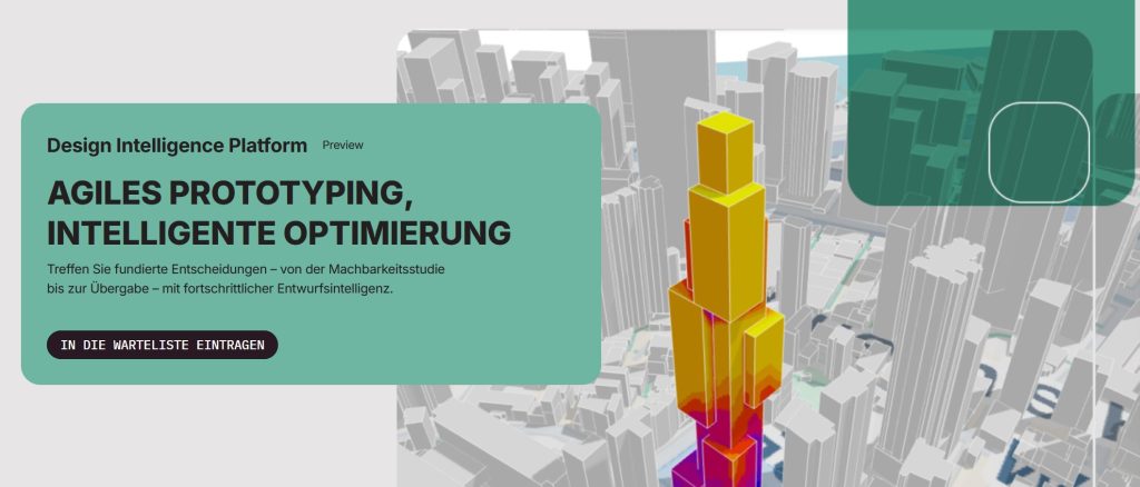 Ein 3D-Balkendiagramm mit mehrfarbigen Säulen, eingeblendet über einer Stadtkarte, daneben ein deutscher Text, der für den frühzeitigen Zugang zu agilem Prototyping und Optimierung mithilfe einer Design-Intelligence-Plattform wirbt.