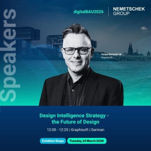 Ein Mann mit Brille und Blazer ist auf einem Werbeplakat für eine Design-Intelligence-Strategiesitzung auf der Konferenz zu sehen, mit Veranstaltungsdetails sowie den Logos von Nemetschek und Graphisoft im Hintergrund.