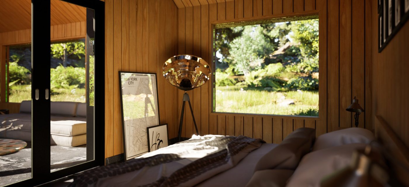 twinmotion 2023.2 stellt ein atemberaubendes 3d rendering eines schlafzimmers in einer blockhütte vor.