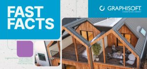 Luftaufnahme eines modernen Holzhauses mit großen Fenstern und Balkonen; links sind "FAST FACTS", "GRAPHISOFT" und "Automatisch gespeicherter Entwurf" zu sehen.