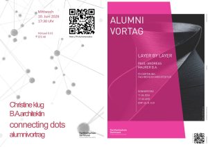 Veranstaltungsplakat für die Alumnivortragsreihe "Layer by Layer" von Paul-Andreas Maurer am 10. Juni 2026 an der Fachhochschule Dortmund mit Veranstaltungshinweisen und einem QR-Code.