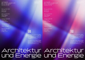 Zwei Poster mit abstrakten blauen und violetten Farbverläufen listen Vorlesungstermine und Referenten für „Architektur und Energie“ an der Fachhochschule Dortmund im Jahr 2025 auf. Das Design besteht aus weißem und rosa Text und ähnelt einem automatisch gespeicherten Entwurf.