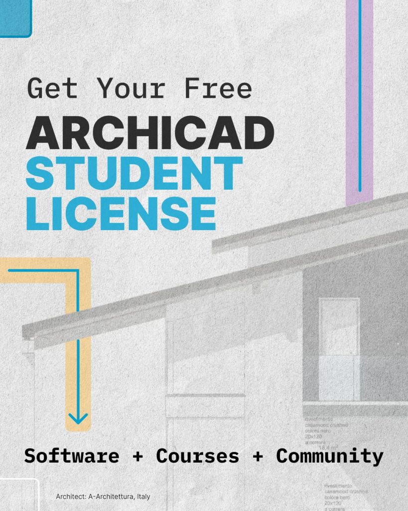 Poster, das für eine kostenlose Archicad-Studentenlizenz wirbt und die Software, Kurse und die Unterstützung der Community für Ihre Zukunft hervorhebt. Mit abstrakten Gebäudegrafiken und geometrischen Akzenten.