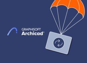 Abbildung des Logos der Archicad-Software mit einem Fallschirm und einem Synchronisierungssymbol auf blauem Hintergrund, das subtil auf die Funktion „Automatisch gespeicherter Entwurf“ für einen nahtlosen Arbeitsablauf hinweist.