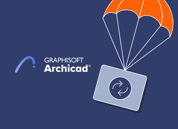 Abbildung des Logos der Archicad-Software mit einem Fallschirm und einem Synchronisierungssymbol auf blauem Hintergrund, das subtil auf die Funktion „Automatisch gespeicherter Entwurf“ für einen nahtlosen Arbeitsablauf hinweist.