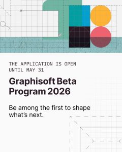 Grafisches Design mit einem Text, der ankündigt, dass Bewerbungen für das Graphisoft 2026 Beta-Programm bis zum 31. Mai möglich sind und zur frühzeitigen Teilnahme ermutigt.