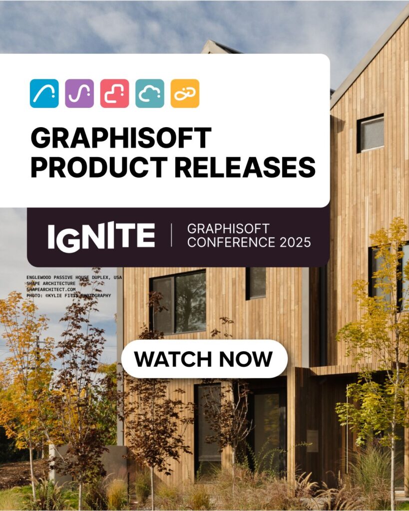Modernes Gebäude mit hölzernem Äußeren und herbstlichen Bäumen, überlagert von Text, der Graphisoft-Produktveröffentlichungen und die Graphisoft IGNITE 2025-Konferenz bewirbt, mit einer Schaltfläche "Jetzt ansehen".