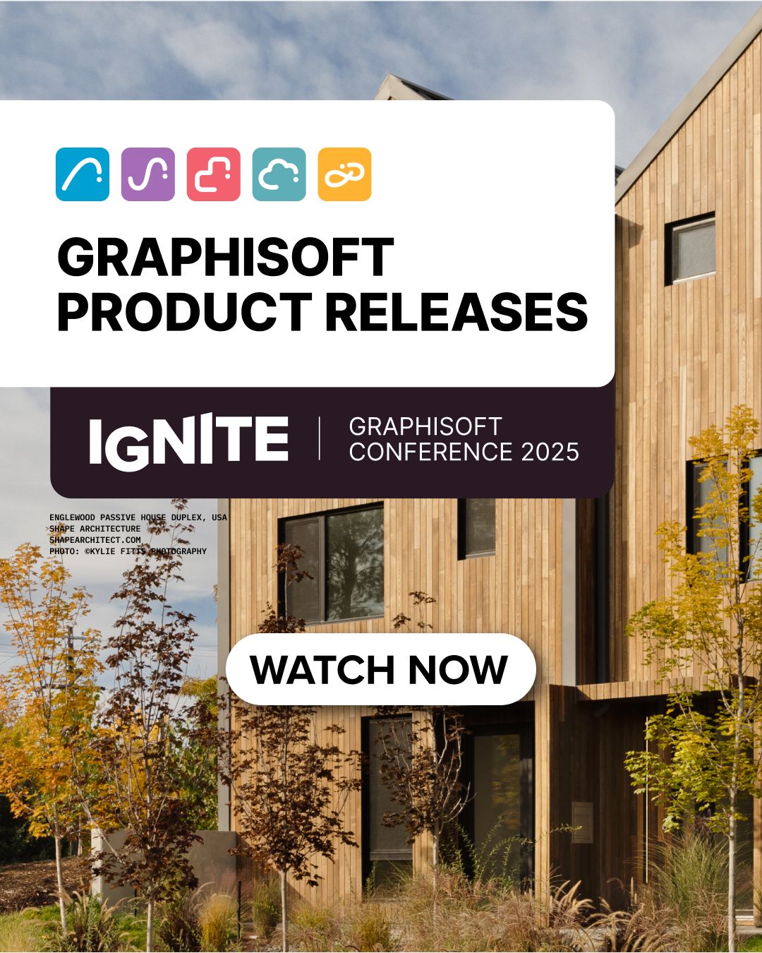 Modernes Gebäude mit hölzernem Äußeren und herbstlichen Bäumen, überlagert von Text, der Graphisoft-Produktveröffentlichungen und die Graphisoft IGNITE 2025-Konferenz bewirbt, mit einer Schaltfläche "Jetzt ansehen".