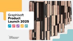 Eine Werbegrafik für die Graphisoft Produkt-Release 2025, die moderne architektonische Paneele und verschiedene App-Icons zeigt.