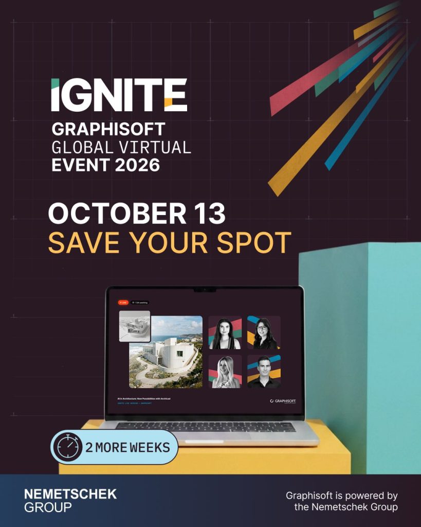 Laptop mit vier Lautsprechersymbolen für das „Graphisoft Global Virtual Event 2026“ am 13. Oktober, mit der Aufforderung, sich einen Platz zu sichern, und einem Countdown-Symbol „Noch 2 Wochen“.