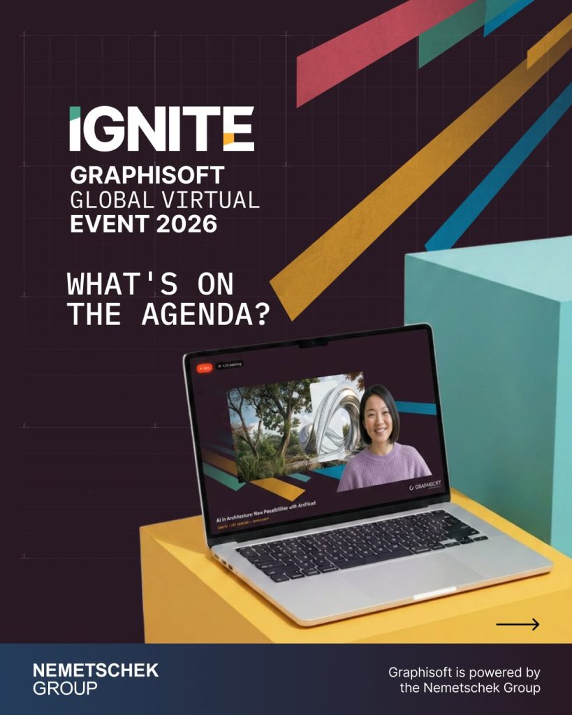 Ein Werbeplakat für die Graphisoft IGNITE 2026, auf dem ein Laptop zu sehen ist, auf dem eine virtuelle Veranstaltung mit einem Moderator angezeigt wird, beleuchtet die Zukunft des digitalen Planens und stellt die Frage: „Was steht auf der Tagesordnung?“.