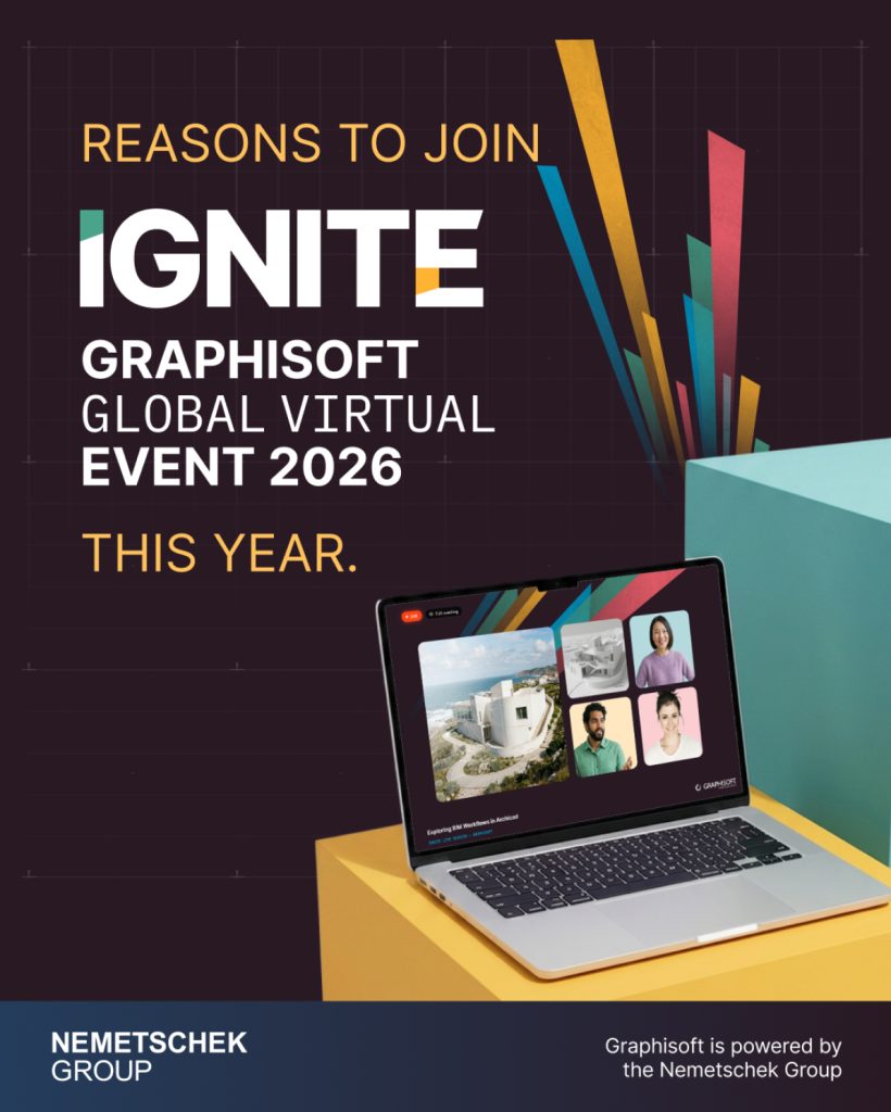 Werbeplakat für die virtuelle Veranstaltung „GRAPHISOFT IGNITE 2026“, auf dem ein Laptop zu sehen ist, auf dem eine Architektur-Videokonferenz läuft.