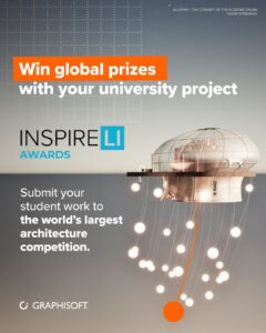 Werbeplakat für die INSPIRELI AWARDS 2025. Universitätsstudenten können Architekturprojekte einreichen und internationale Preise gewinnen. Enthält eine digitale Gebäudedarstellung.