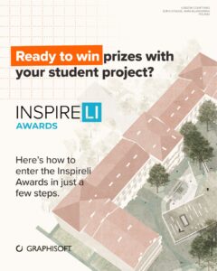 Das Werbeplakat für die Inspireli Awards hebt die Preise für das beste Studentenprojekt und die Einstiegsschritte hervor und zeigt im Hintergrund eine Gebäudeillustration.