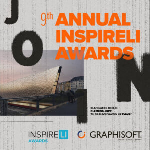Werbeplakat für die 9. jährlichen Inspireli Awards mit moderner Architektur und Logos für Inspireli Awards, GRAPHISOFT, Klangwerk Berlin, Clemens Jopp und TU Braunschweig, Deutschland.