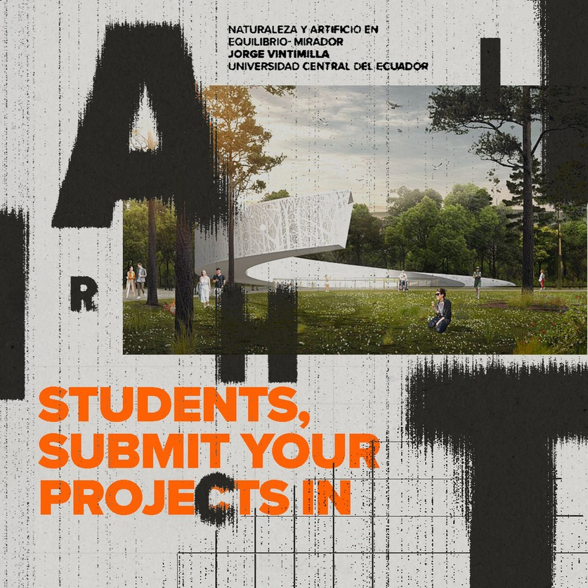 Werbeplakat mit einer Parkszene und dem Text „STUDENTEN, REICHEN SIE IHRE PROJEKTE EIN“ sowie Informationen auf Spanisch über eine Universität und ein Projekt mit dem Titel „Naturaleza y Artificio en Equilibrio: Mirador“.