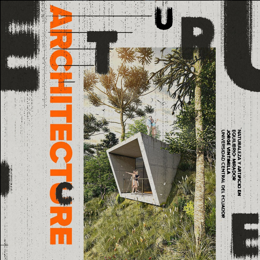 Eine minimalistische Betonstruktur in einer grasbewachsenen Landschaft mit Bäumen, in der sich eine Person befindet und eine andere auf dem Dach. Der Text lautet „ARCHITEKTUR“ in fetten orangefarbenen Großbuchstaben.