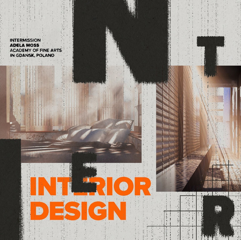 Grafisches Layout mit dem Text „INTERIOR DESIGN“ in fetten roten und schwarzen Buchstaben. Der Hintergrund enthält zwei Bilder: ein modernes Schlafzimmer und einen Flur. Zusätzlicher Text erwähnt Adela Moss und die Akademie der Schönen Künste in Danzig, Polen.