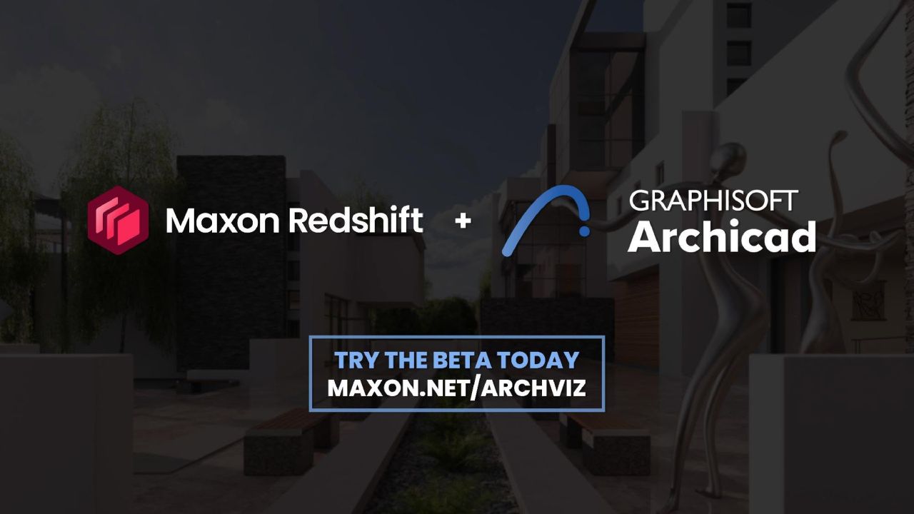 Das Maxon Redshift-Logo und das Graphisoft Archicad-Logo mit dem Text: „Testen Sie noch heute die Beta-Version: maxon.net/archviz“ vor einem modernen architektonischen Hintergrund, wodurch die nahtlose Integration von Maxon Redshift und Archicad hervorgehoben wird.
