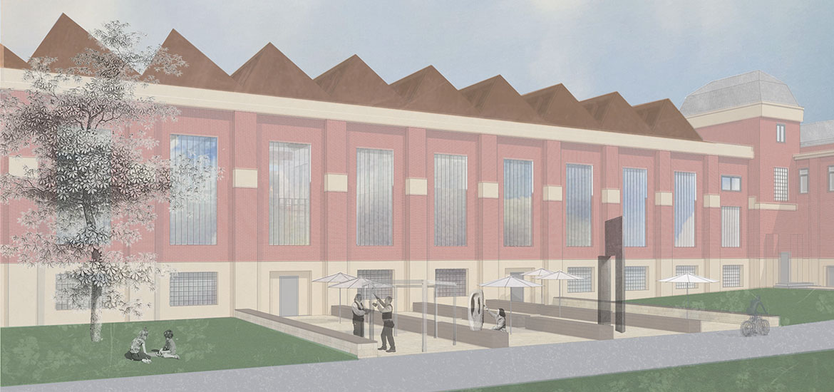 Ein digitales Rendering in Archicad für ein Backsteingebäude mit hohen Fenstern und einem Sägezahndach, das einen Außenbereich mit Menschen, Sonnenschirmen und Skulpturen aufweist und vom Geist von Zukunft Zusammen inspiriert ist.