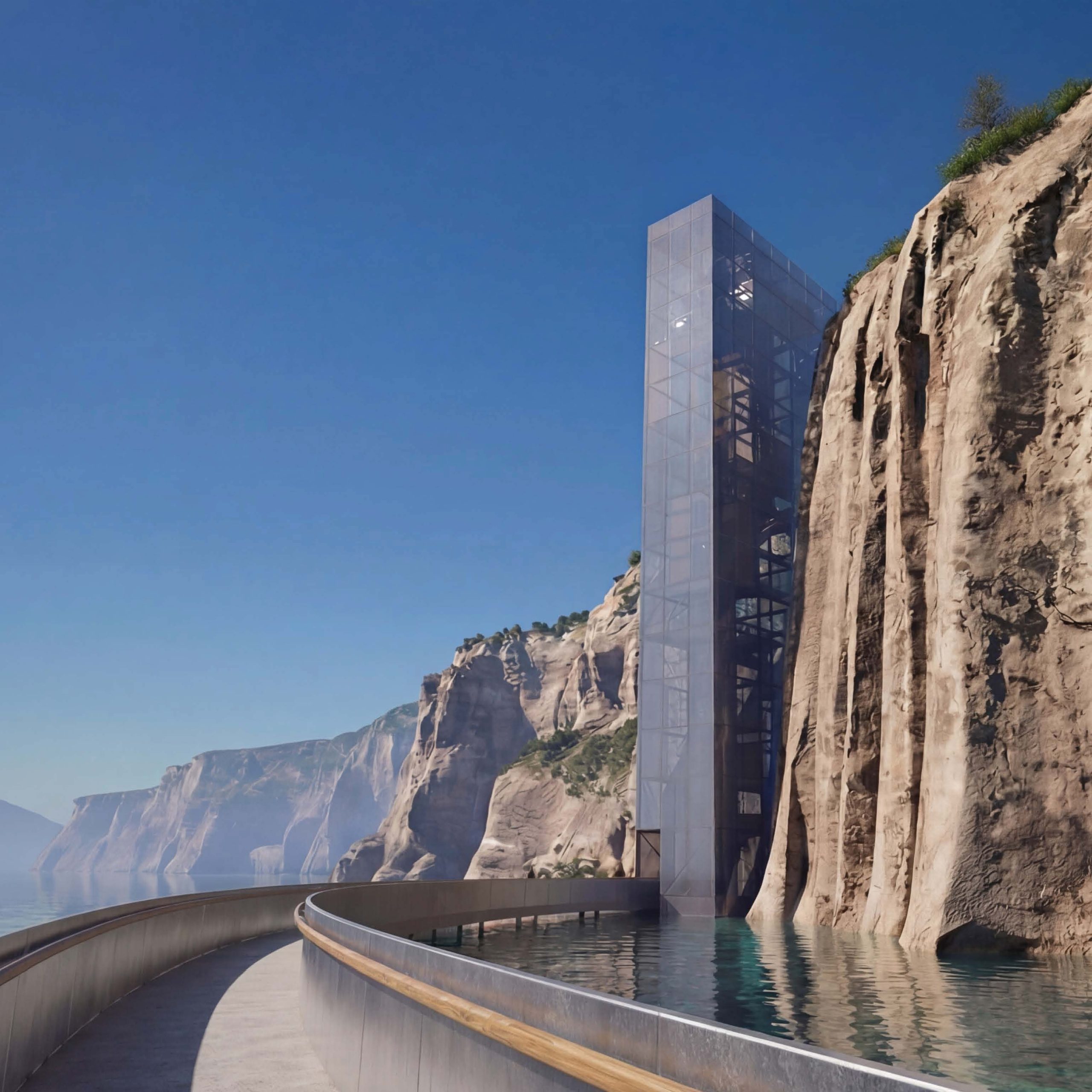 Ein moderner gläserner Aufzug erhebt sich entlang einer Klippe mit Wasserfällen, neben einem geschwungenen Steg über das Wasser, unter einem klaren blauen Himmel - eine inspirierende Szene, perfekt für Archicad-Enthusiasten am Modeling Monday.