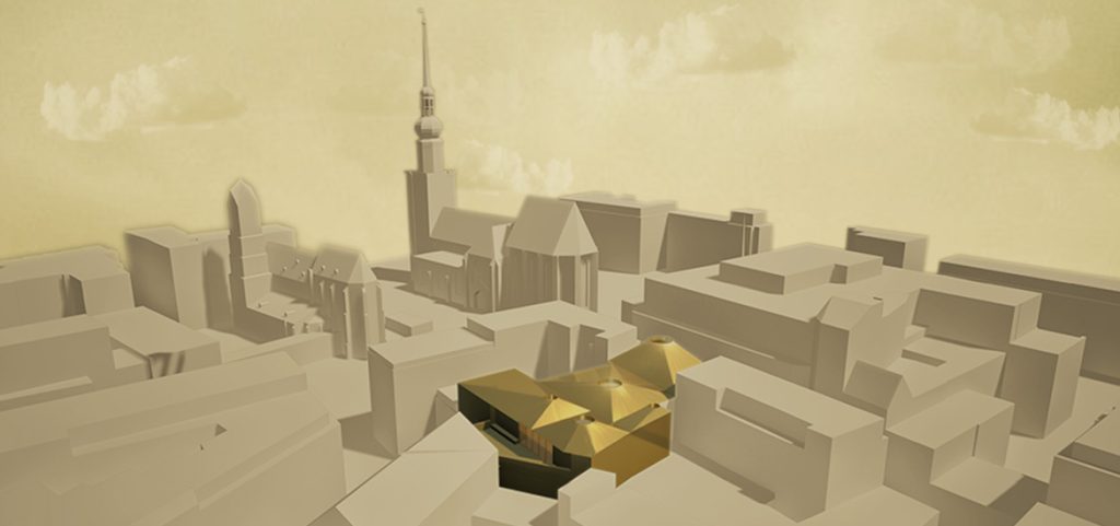Luftaufnahme eines 3D-Stadtmodells in Archicad mit beigen Gebäuden und einem zentralen, vom Lichtspielhaus inspirierten Baukörper mit goldfarbenen, kantigen Dächern.