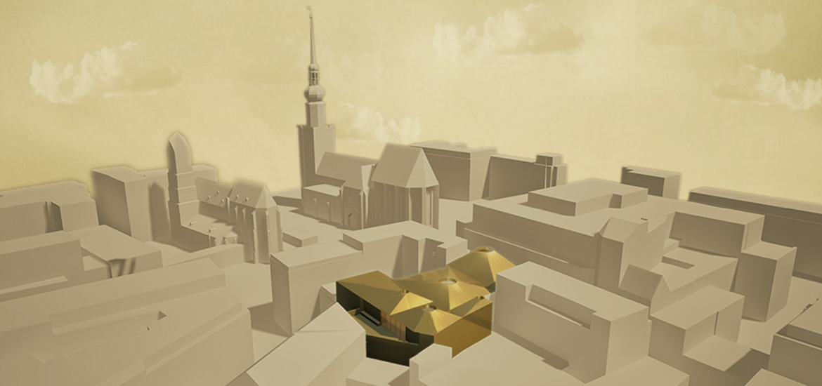 Luftaufnahme eines 3D-Stadtmodells in Archicad mit beigen Gebäuden und einem zentralen, vom Lichtspielhaus inspirierten Baukörper mit goldfarbenen, kantigen Dächern.