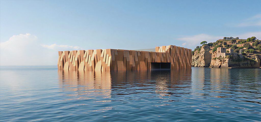 Ein modernes, geometrisches Gebäude mit hellbrauner Fassade liegt teilweise im ruhigen blauen Wasser nahe einer felsigen Küste unter einem klaren Himmel, wie ein automatisch gespeicherter Entwurf, der zum Leben erweckt wurde.