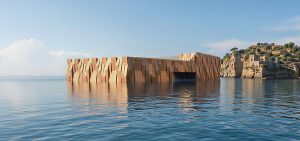 Ein modernes, geometrisches Gebäude mit hellbrauner Fassade liegt teilweise im ruhigen blauen Wasser nahe einer felsigen Küste unter einem klaren Himmel, wie ein automatisch gespeicherter Entwurf, der zum Leben erweckt wurde.