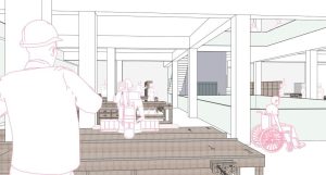 Eine Strichzeichnung einer Werkstatt mit Werkbänken, arbeitenden Menschen, einer Person im Rollstuhl und einem Träger eines Schutzhelms - so wird der Geist von "Zukunft Zusammen" in einem mit Archicad entworfenen integrativen Raum eingefangen.
