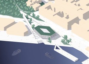 Eine isometrische Illustration zeigt THE CROSSPOINT, ein modernes sechseckiges Gebäude am Wasser, mit Bäumen, Wegen, Docks und Booten auf dem Fluss in der Nähe - aufgenommen im architektonischen Stil von Louisa Timpel mit Archicad.