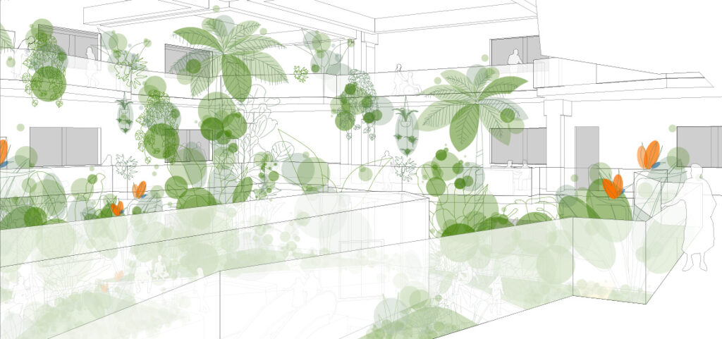 Abbildung eines modernen Atriums mit Pflanzen und Grünpflanzen entlang der Gehwege und Balkone, erstellt in Archicad, mit Menschensilhouetten und orangefarbenen Blumen, die der üppigen Umgebung Farbe verleihen. Perfekte Inspiration für ein Modeling Monday-Projekt!