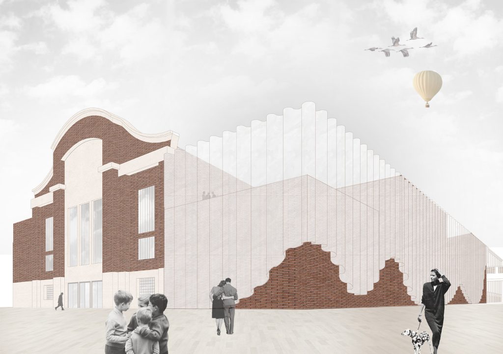 Ein Gebäude mit einer Kombination aus Backstein- und Glaswänden, modelliert in Archicad von Pia Thöne, mit Menschen und Kindern im Vordergrund, fliegenden Vögeln und einem Heißluftballon am bewölkten Himmel.