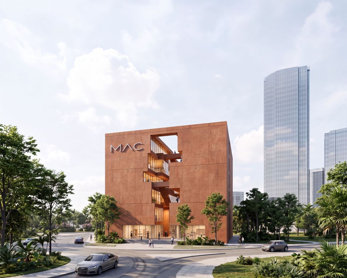 Ein modernes, würfelförmiges Gebäude mit der Aufschrift „MAC Panamá“ an der Fassade, das von Ryan Özer mit Archicad entworfen wurde, verfügt über eine Außentreppe und einen gläsernen Eingangsbereich. Auf der Straße fahren Autos vorbei, während sich im Hintergrund unter einem teilweise bewölkten Himmel Bäume und hohe Gebäude erheben.