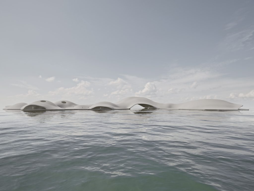 Ein modernes, weißes, wellenförmiges Gebäude, entworfen von Isabella Wirrwar, schwimmt auf ruhigem Wasser in einem idyllischen Archipel unter einem teilweise bewölkten Himmel.