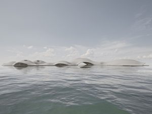 Ein modernes, weißes, wellenförmiges Gebäude, entworfen von Isabella Wirrwar, schwimmt auf ruhigem Wasser in einem idyllischen Archipel unter einem teilweise bewölkten Himmel.