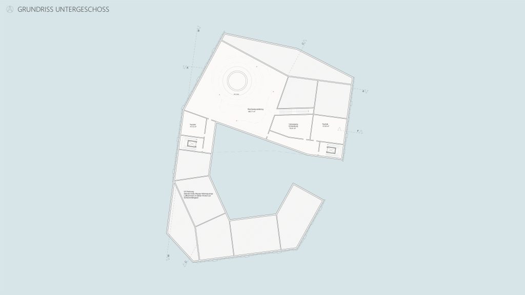 Architektonischer Grundriss des Untergeschosses eines Gebäudes, erstellt in Archicad, mit beschrifteten Räumen und geometrischem Layout, mit dem Titel "Grundriss Untergeschoss" in der oberen linken Ecke. Perfekt für Projekte wie ein schwimmendes Museum von UNA DI TRE.