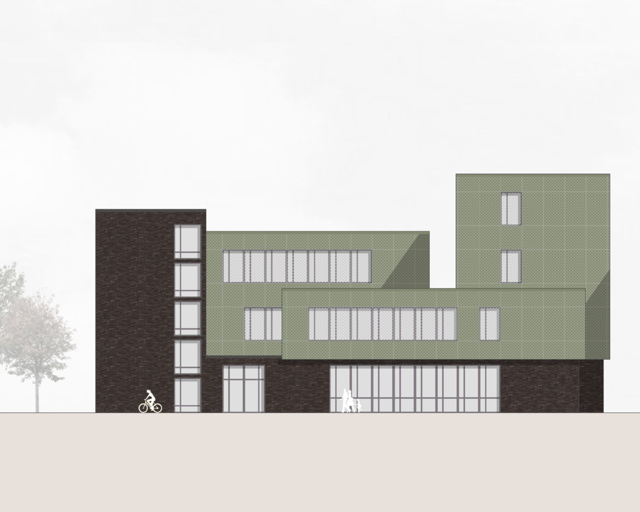 Ein modernes Gebäude mit gestaffelten grünen und dunklen Ziegeln, das mit Archicad entworfen wurde, verfügt über mehrere Stockwerke, große Fenster und einen Radfahrer- und Fußgängerübergang.